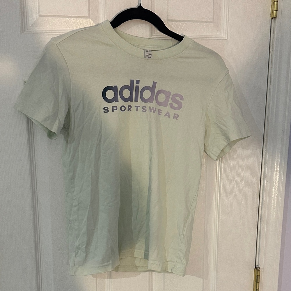 Adidas Light Green Sportswear Tee with Purple Logo SMALL